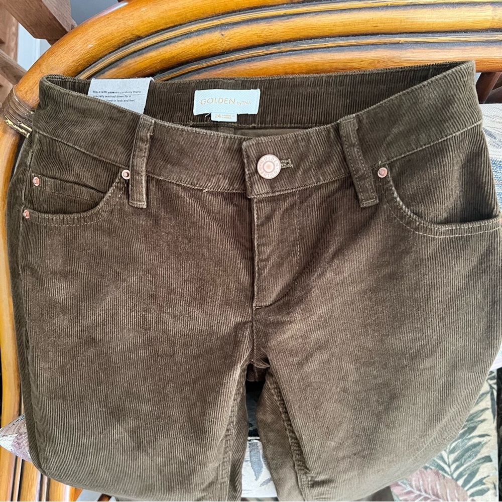 Aritzia Golden by TNA Low Rise Straight Dark Olive Corduroy Pants Size 24 NWT - Picture 14 of 17